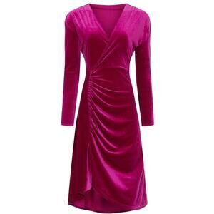 Atlein Collective Velvet Ruched Dress Long Sleeve Faux Wrap Knee Length Pink S